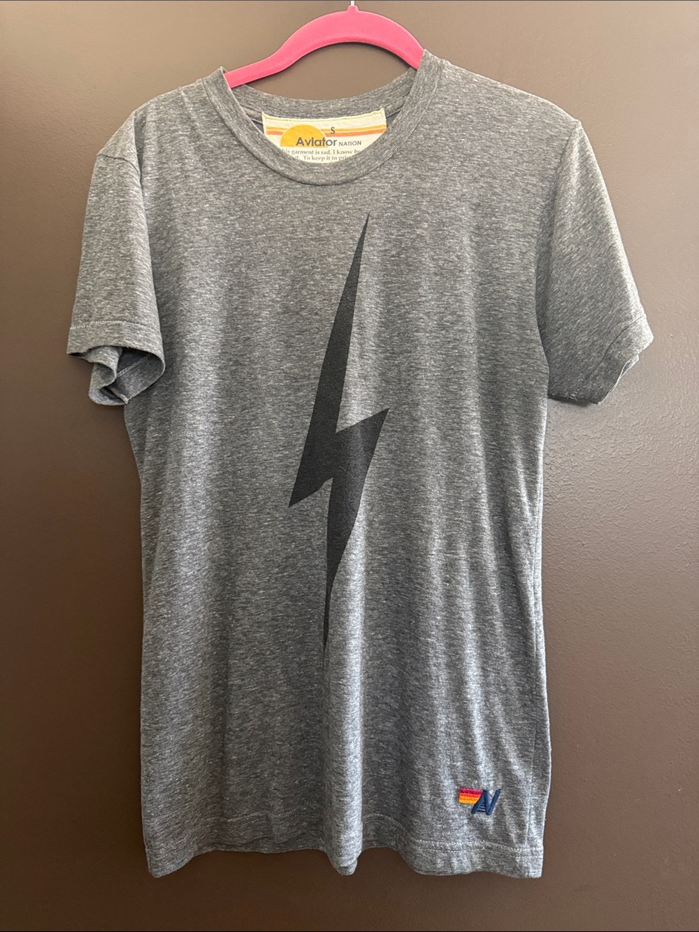 Aviator Nation Gray Short Sleeve Tee with Black Lightning Bolt size S